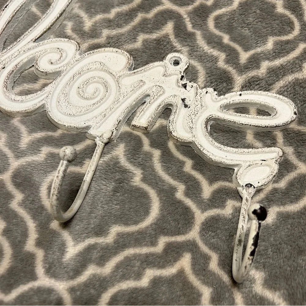 Beautiful Country-Chic Painted Metal Welcome Wall Decor With Coat Hooks.